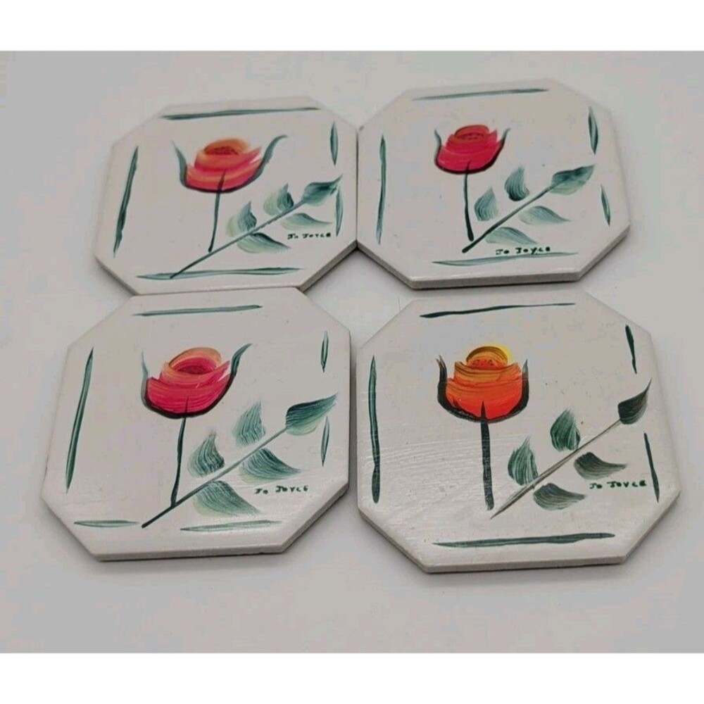 4 Vtg Jo Joyce Hand-painted Tile Coasters Rose Tulip Floral Grandma Core Cottage